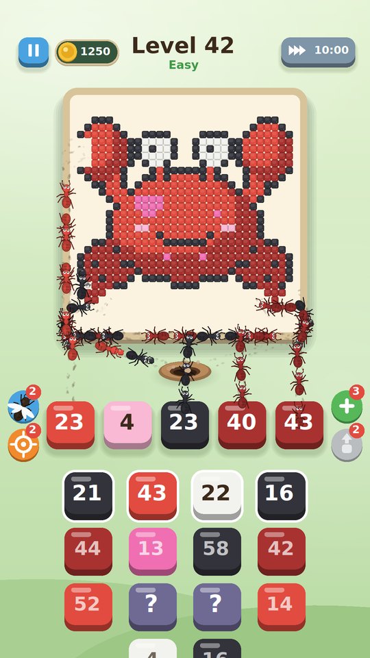 A level with a red crab picture and ants carrying its blocks