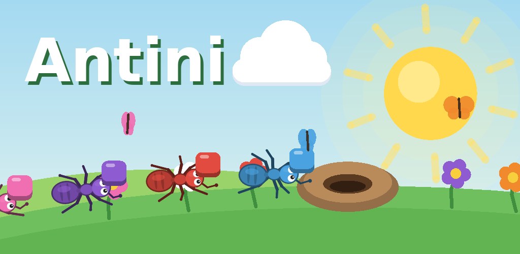 Colored ants carrying blocks to their anthill under a bright sun
